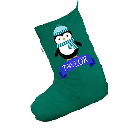 Personalised Cute Penguin Green Christmas Stocking Gift Bag