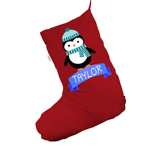 Personalised Cute Penguin Red Christmas Stocking