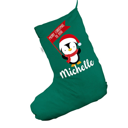 Personalised Xmas Penguin Green Christmas Stockings Socks