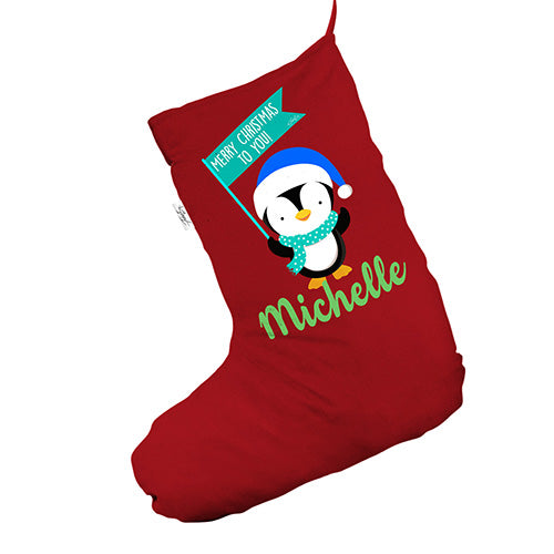 Personalised Xmas Penguin Red Santa Claus Christmas Stockings