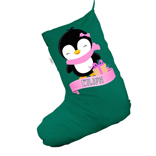 Personalised Pink Penguin Green Christmas Stocking