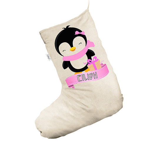 Personalised Pink Penguin White Christmas Stocking