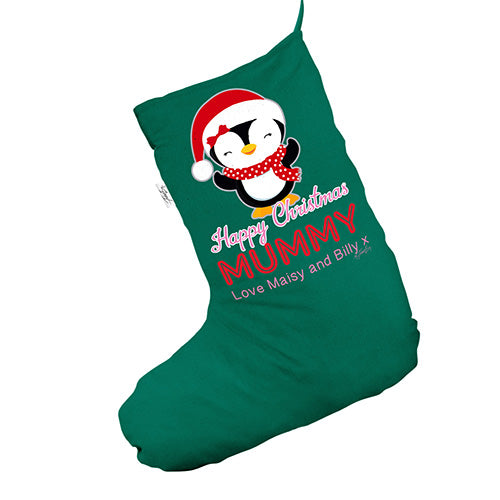 Personalised Mummy Penguin Green Christmas Stocking