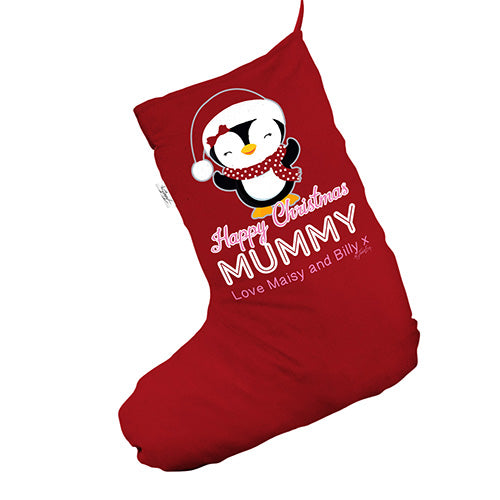 Personalised Mummy Penguin Red Christmas Stocking