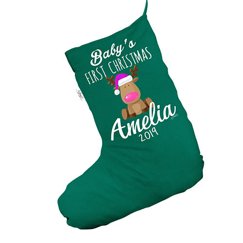 Personalised Pink Baby's First Christmas Green Deluxe Christmas Stocking