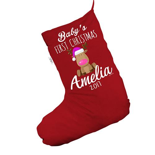 Personalised Pink Baby's First Christmas Red Christmas Stocking