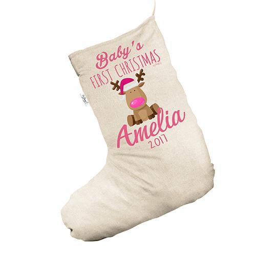 Personalised Pink Baby's First Christmas White Deluxe Christmas Stocking