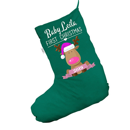 Personalised Baby's First Christmas Pink Green Christmas Stockings Socks