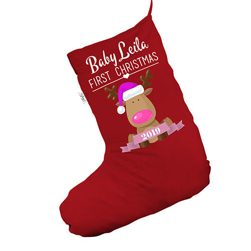 Personalised Baby's First Christmas Pink Red Christmas Stocking Gift Bag