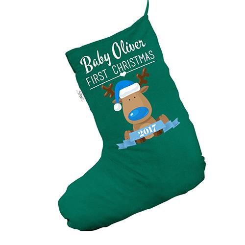 Personalised Baby's First Christmas Blue Green Christmas Stocking