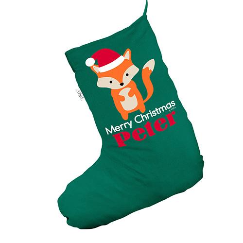 Personalised Merry Christmas Fox Green Deluxe Christmas Stocking