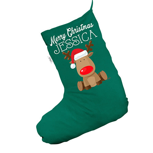 Personalised Nose Reindeer Green Christmas Stocking