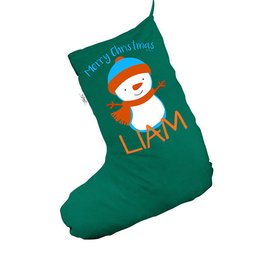 Personalised Merry Christmas Snowman Green Christmas Stocking Gift Bag