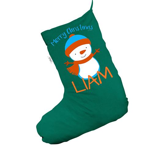 Personalised Merry Christmas Snowman Green Deluxe Christmas Stocking