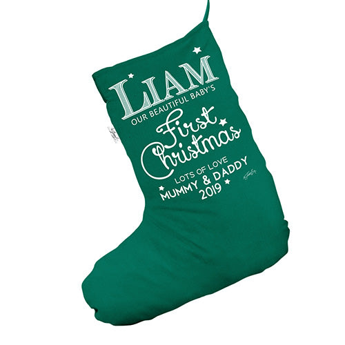 Personalised Baby's First Christmas Green Christmas Stocking