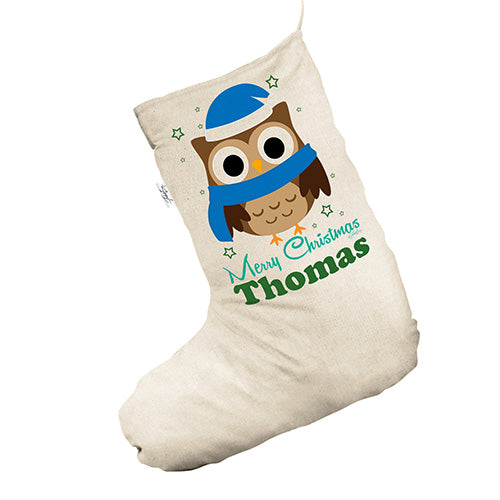 Personalised Merry Christmas Owl White Deluxe Christmas Stocking