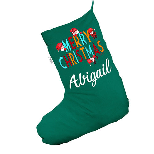 Personalised Merry Christmas Elves Green Christmas Stockings Socks