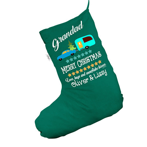 Personalised Merry Christmas Caravan Green Christmas Stocking