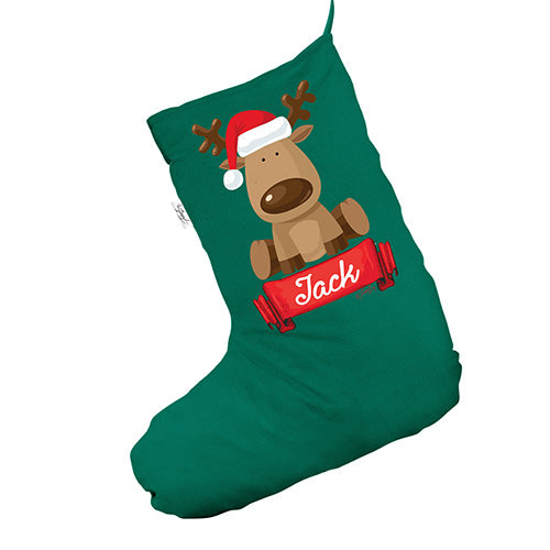 Personalised Santa Hat Reindeer Green Christmas Stocking Gift Bag