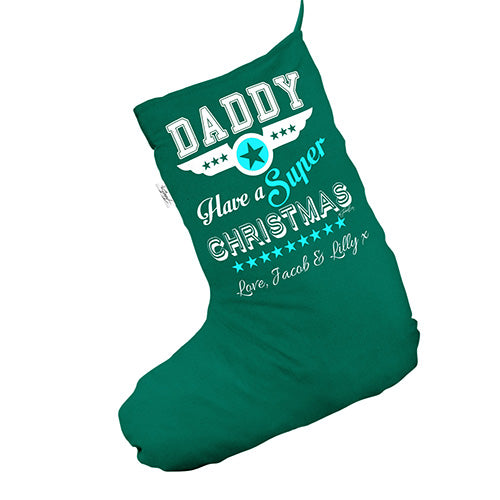 Personalised Super Christmas Dad Green Christmas Stocking Gift Bag