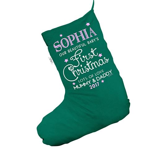 Personalised Girl's Baby's First Christmas Green Christmas Stockings Socks