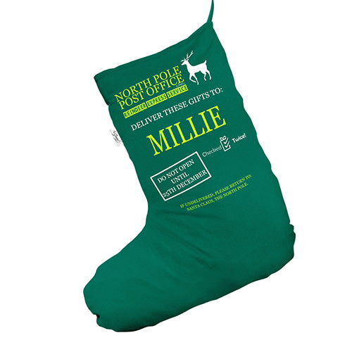 Personalised North Pole Post Office Green Christmas Stocking Gift Bag