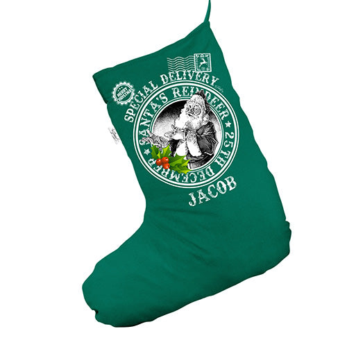 Special Delivery Vintage Santa Stamp Personalised Green Santa Claus Christmas Stockings