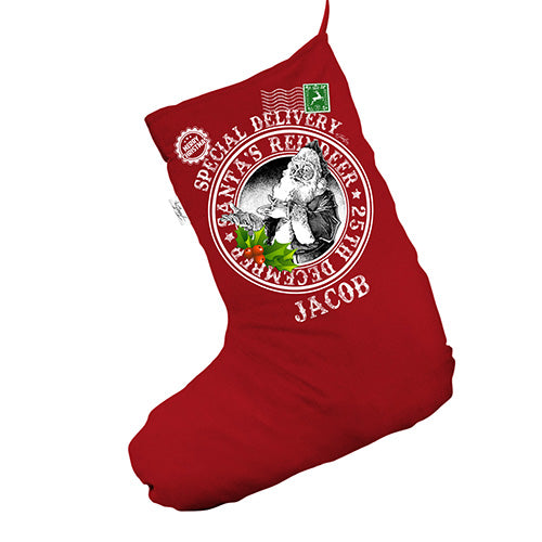 Special Delivery Vintage Santa Stamp Personalised Red Deluxe Christmas Stocking