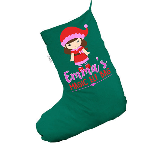 Personalised Magic Girl's Elf Bag Green Christmas Stocking