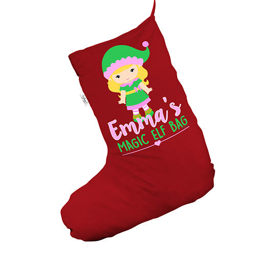 Personalised Magic Girl's Elf Bag Red Deluxe Christmas Stocking