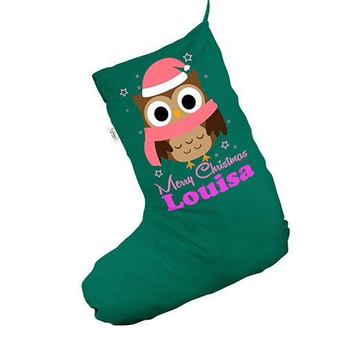 Personalised Christmas Owl Green Christmas Stocking Gift Bag