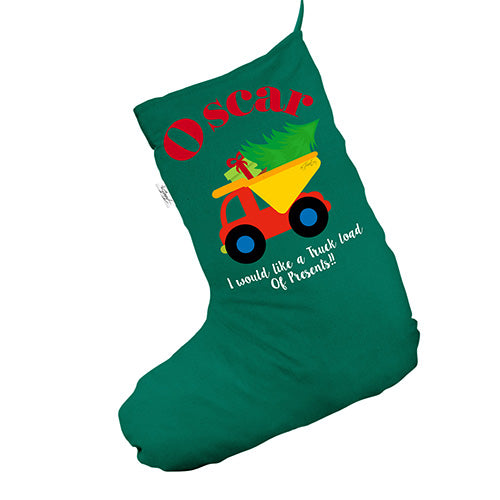 Personalised Truckful of Presents Green Christmas Stocking Gift Bag