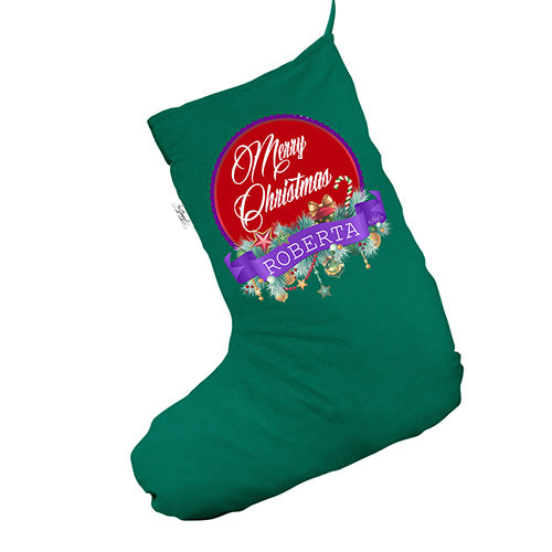 Personalised Merry Christmas Wreath Green Christmas Stocking Gift Bag