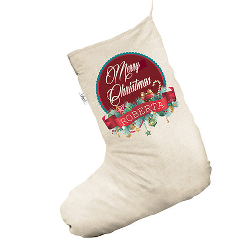 Personalised Merry Christmas Wreath White Deluxe Christmas Stocking