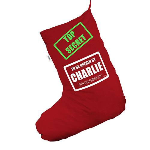 Personalised Top Secret Red Deluxe Christmas Stocking