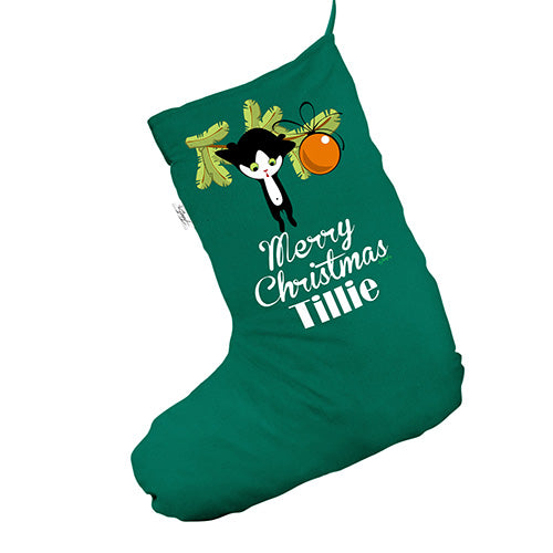 Personalised Cat Mistletoe Green Deluxe Christmas Stocking