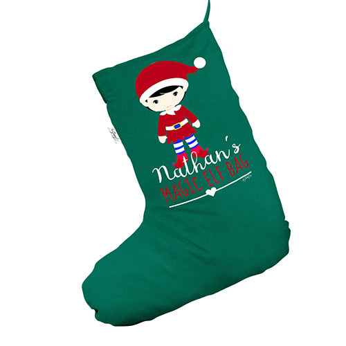 Personalised Magic Boy Elf Bag Green Christmas Stocking