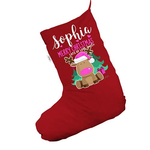 Personalised Cute Pink Reindeer Red Christmas Stockings Socks