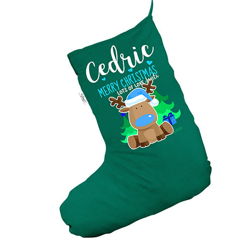 Personalised Cute Blue Reindeer Green Christmas Stocking