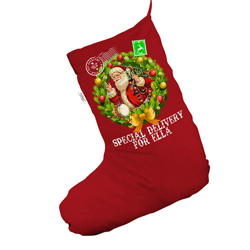 Special Delivery Vintage Santa Wreath Personalised Red Christmas Stocking Gift Bag