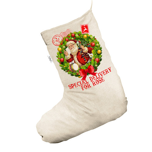 Special Delivery Vintage Santa Wreath Personalised White Deluxe Christmas Stocking