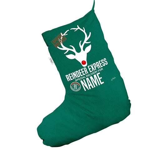 Personalised Reindeer Express Delivery Green Christmas Stocking Gift Bag