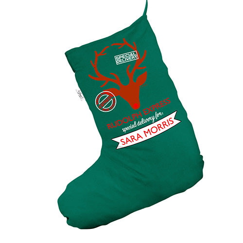 Personalised Rudolph Express Delivery Green Christmas Stocking Gift Bag