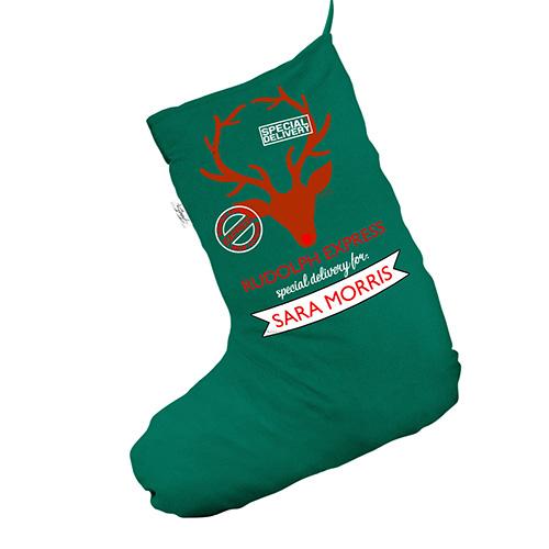 Personalised Rudolph Express Delivery Green Santa Claus Christmas Stockings