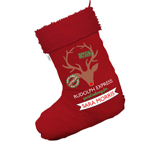 Personalised Rudolph Express Delivery Jumbo Red Santa Claus Christmas Stockings With Red Faux Fur Trim
