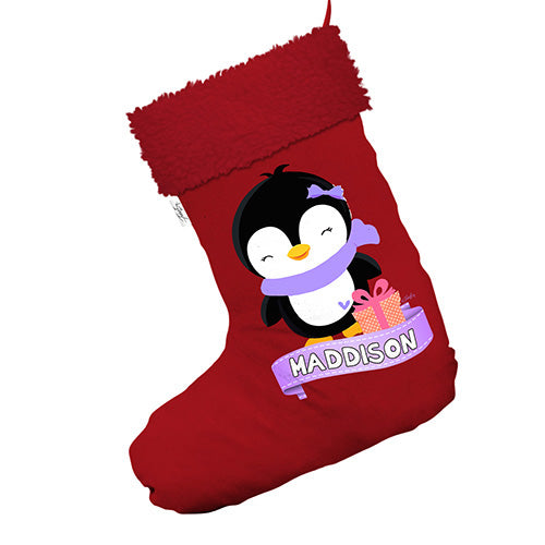 Personalised Pink Girl Penguin Jumbo Red Santa Claus Christmas Stockings With Red Faux Fur Trim