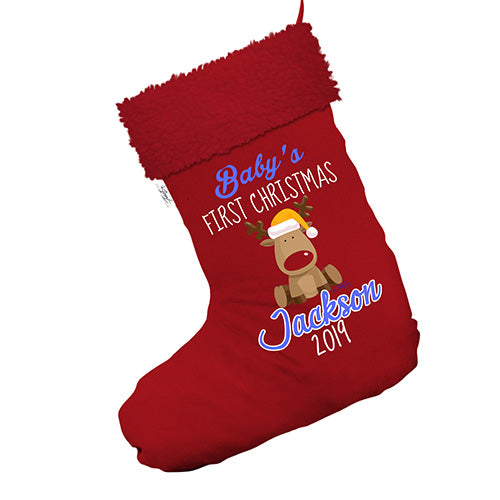 Personalised Blue Baby's First Christmas Reindeer Jumbo Red Christmas Stocking Gift Bag With Red Faux Fur Trim