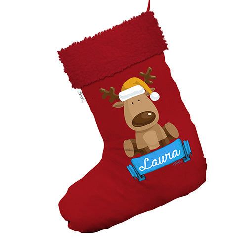 Personalised CUTE Santa Hat Reindeer Jumbo Red Christmas Stocking Gift Bag With Red Faux Fur Trim