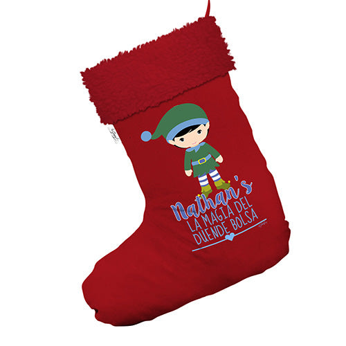 Personalised Christmas Elf La Magia Del Duende Jumbo Red Deluxe Christmas Stocking With Red Faux Fur Trim