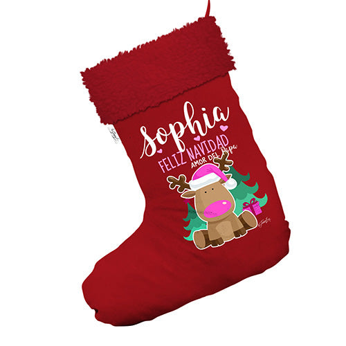 Personalised Feliz Navidad Reindeer Jumbo Red Christmas Stockings Socks With Red Faux Fur Trim